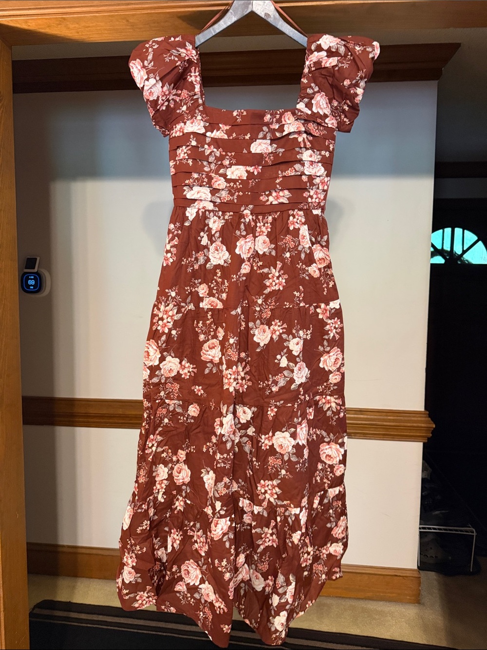 Altar'd State Rust Floral Maxi Dress with Puff Sleeves